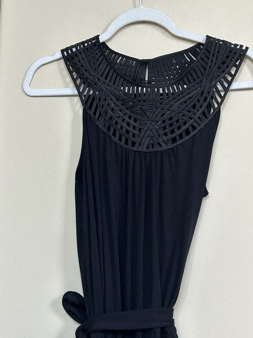 White House Black Market Black Sleeveless Dress with Woven Neckline & Waist Tie